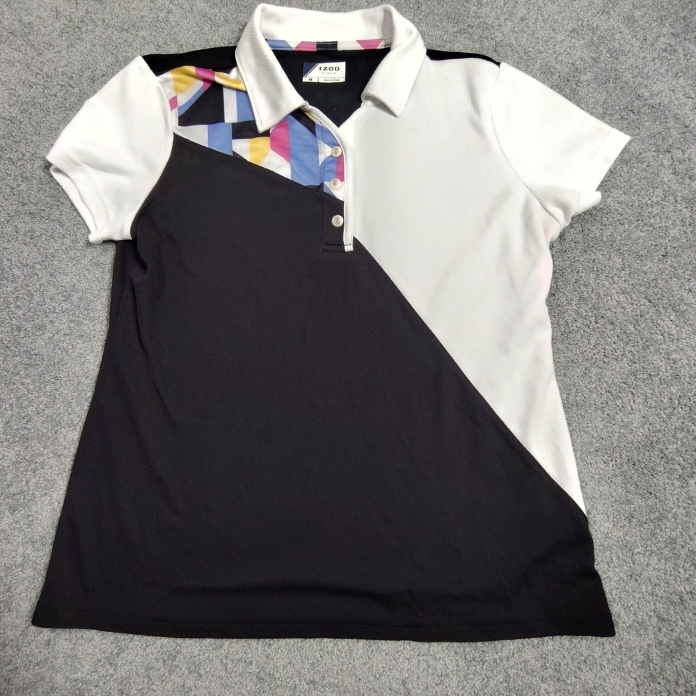 IZOD Golf Polo Shirt Womens Medium Colorblock Black White Sporty Good